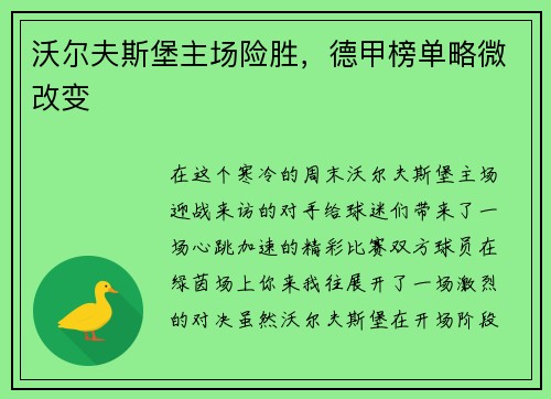 沃尔夫斯堡主场险胜，德甲榜单略微改变