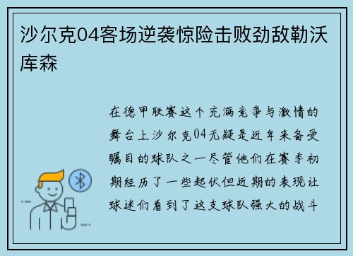 沙尔克04客场逆袭惊险击败劲敌勒沃库森